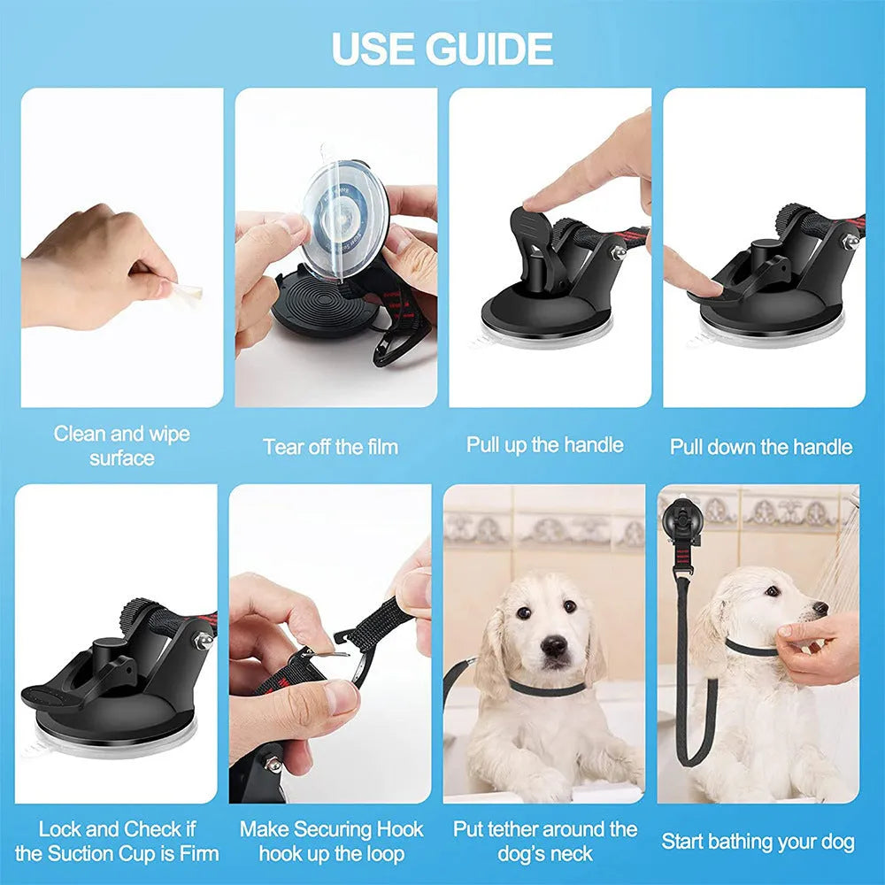 Pet bathing restraint with blue suction cups and traction rope for secure attachment during washing