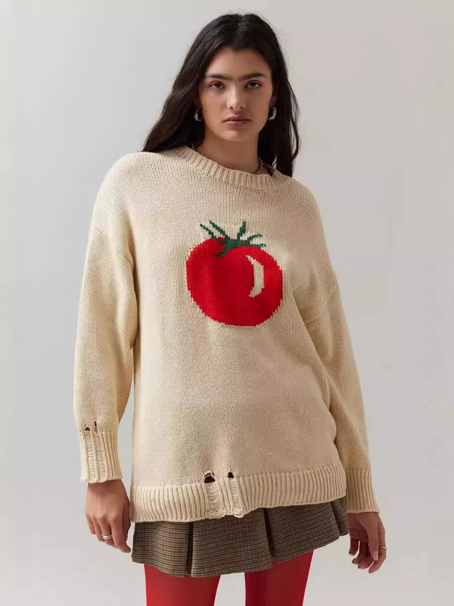 Women's milky white round neck acrylic sweater with jacquard texture, loose fit, long sleeves