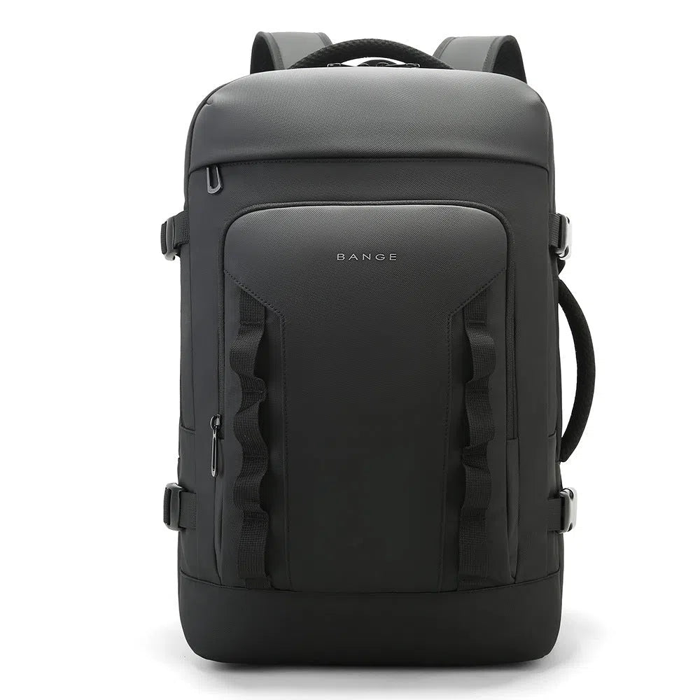 Men's expandable backpack Oxford cloth 20-35L black solid colour curved shoulder straps stitching details
