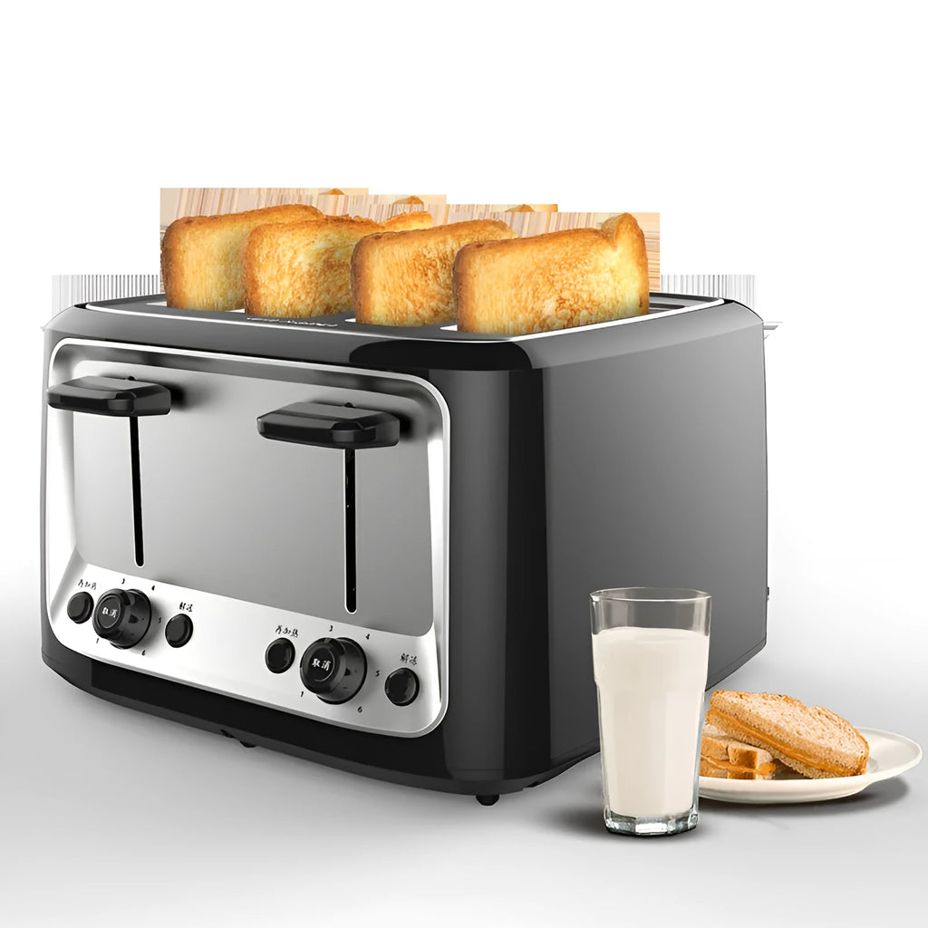 Black home automatic four slot toaster with 1500W power and adjustable baking colour gear knob on a countertop
