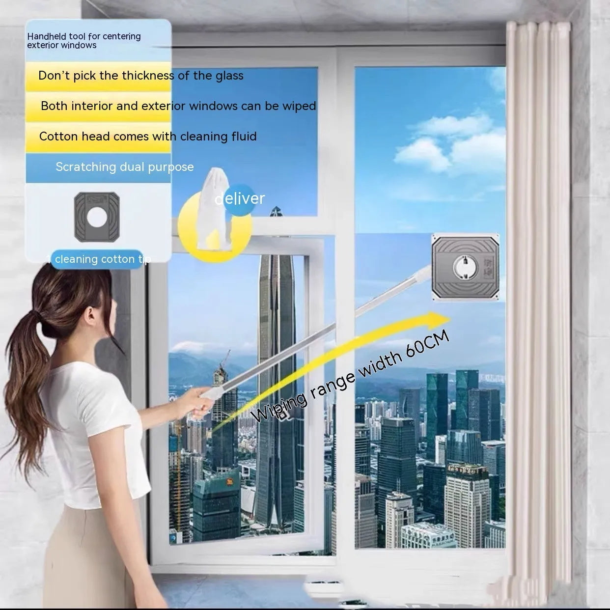 Benshang aluminium alloy double-sided glass wiper for high-rise outer windows with cotton head
