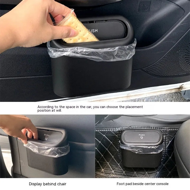 Black foldable plastic car trash can with waterproof lining, designed for mounting behind a car seat.