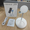 White vertical wireless charging stand holding a smartphone, showing the cooling vent hole on the side.