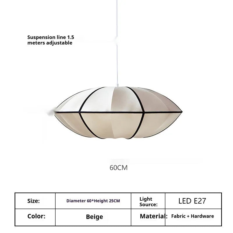 Japanese retro ceiling light in fabric and alloy, 40cm diameter milky white with black edge, warm light