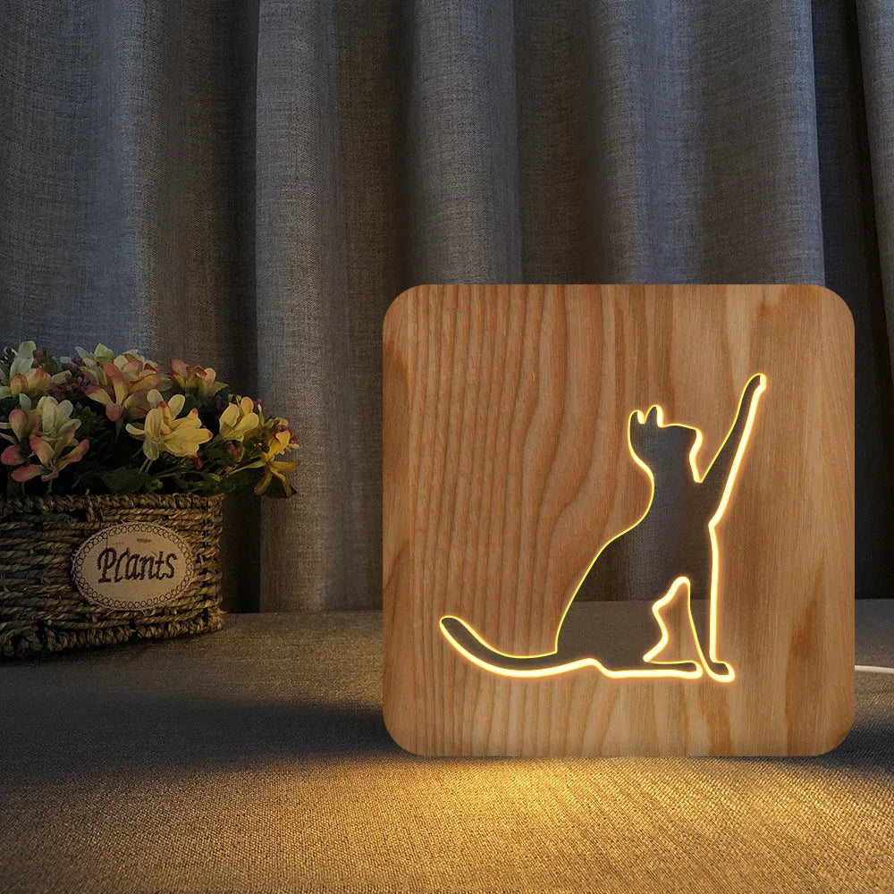 Solid wood hollow 3D cat silhouette night light with USB power cable