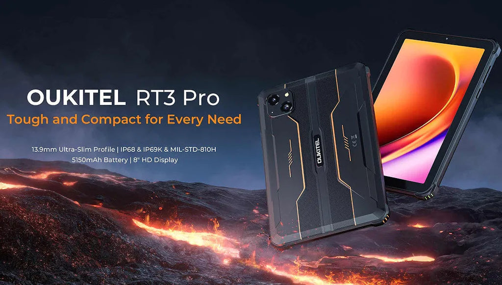 RT3 PRO mobile phone in orange, grey, or green colour with plastic casing and included charger.