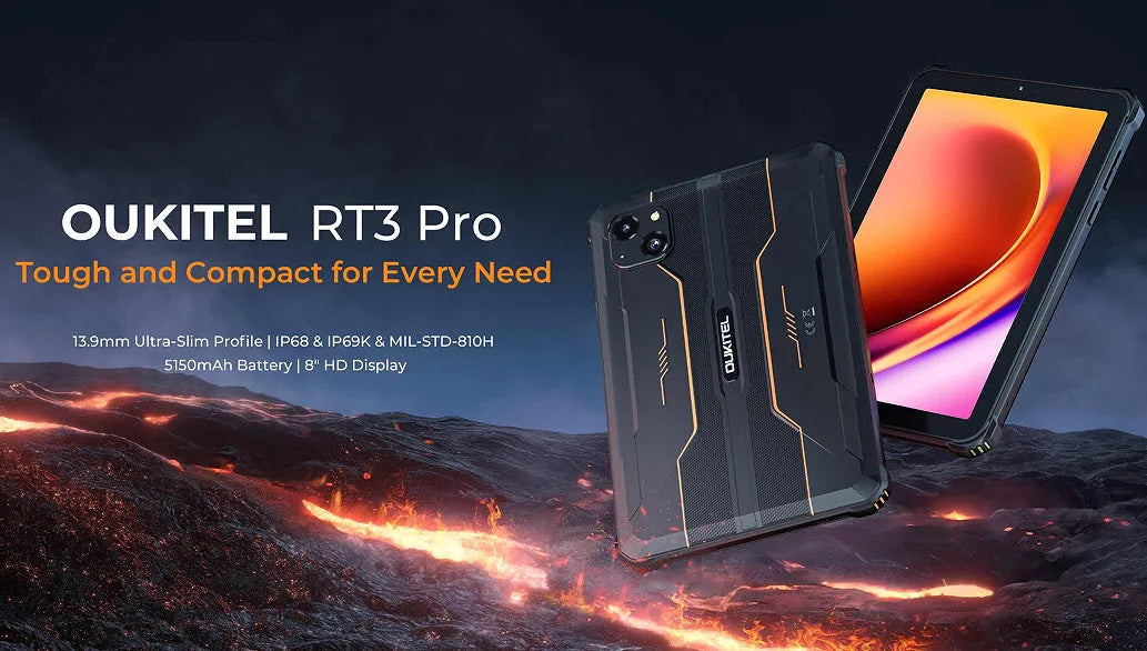 RT3 PRO mobile phone in orange, grey, or green colour with plastic casing and included charger.