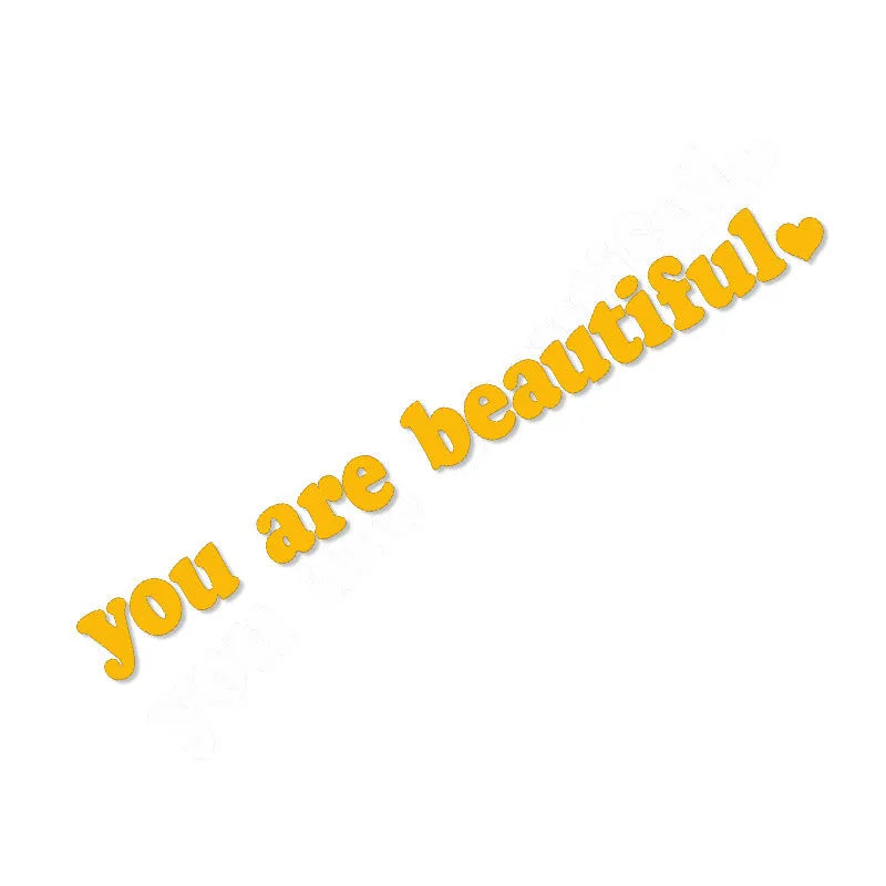 You Are Beautiful sport PVC vinyl stickers in nine colours showing laser and gold finishes with dimensions