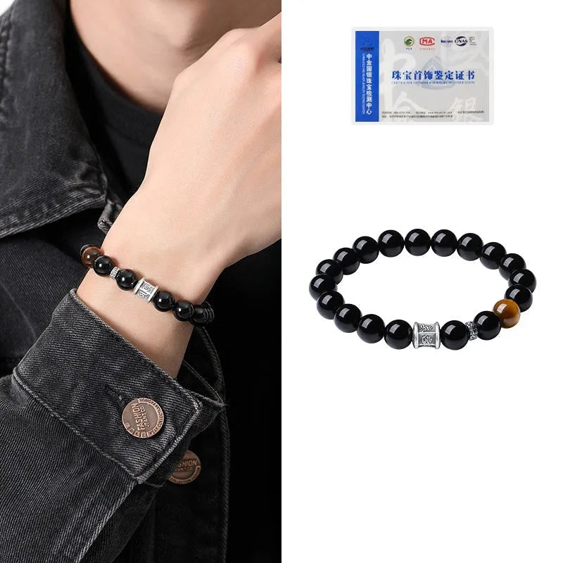 Black obsidian and pure silver prayer wheel bracelet for men with hand-woven construction