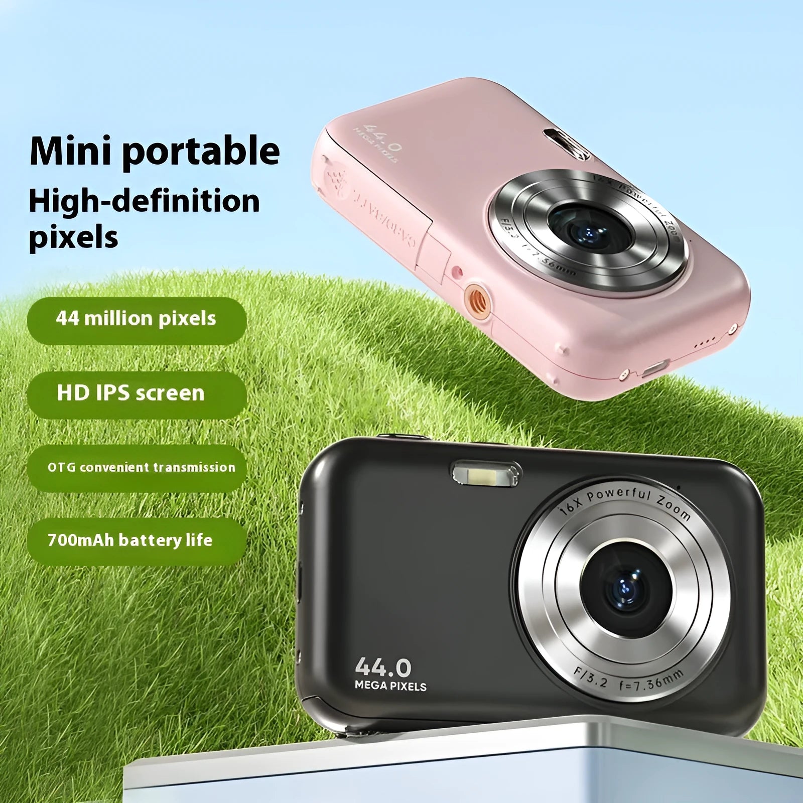 Children's digital camera in colours black, green, pink, purple with 2.4-inch screen, 44MP and 16X zoom.