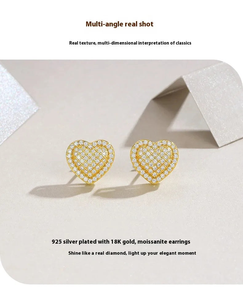 S925 sterling silver heart-shaped moissanite stud earrings with gold-colour plating