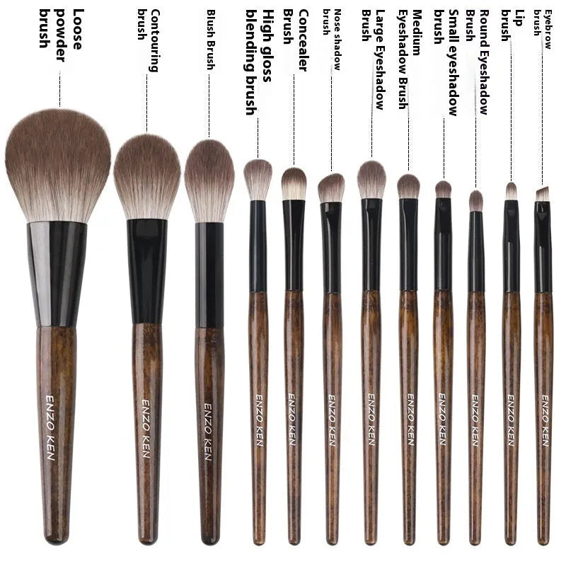 12 piece makeup brush set with wooden handles in a portable PU carry bag