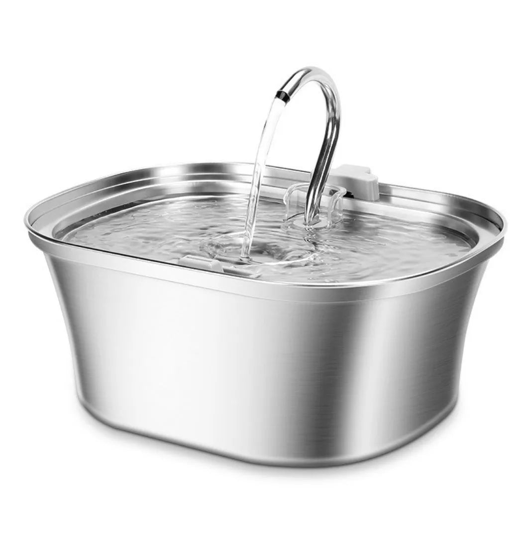 Stainless steel pet water dispenser with large 4-litre tank and selectable water outlet design