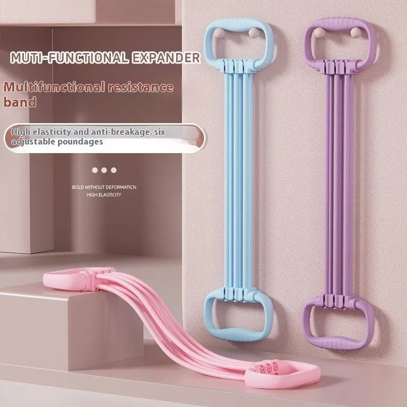 Women's adjustable chest expander with TPE tensile rope in blue, pink, or purple colours showing six resistance gears