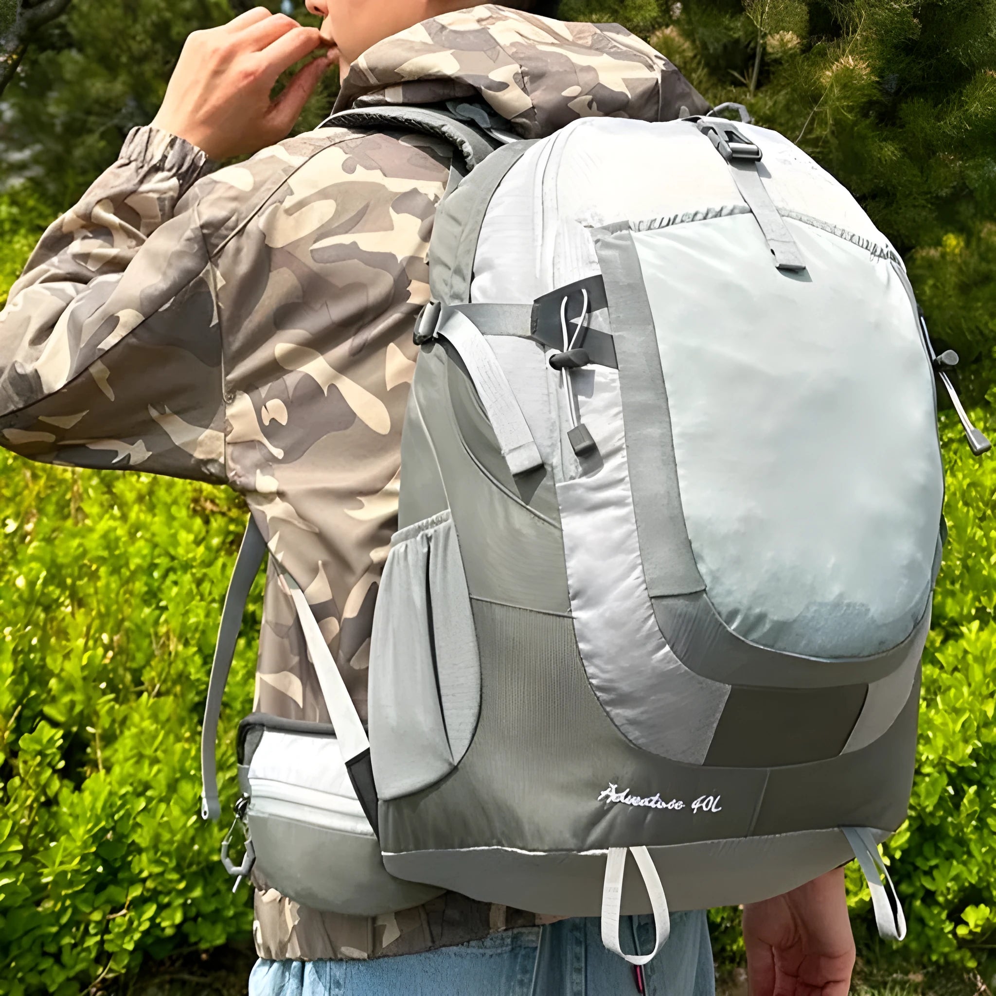 New outdoor 40L unisex large capacity backpack in black with curved shoulder straps and waterproof fabric