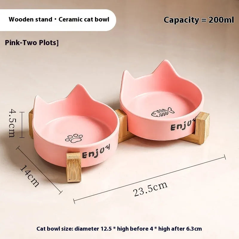 Porcelain cat bowl with wooden anti-tumble frame in chosen colour with cat ear design