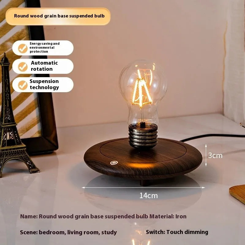 Creative suspension bulb night lamp with iron art construction on black square wooden base