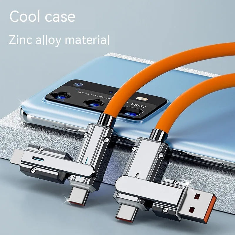 Orange fast-charging cable with Lightning and Type-C connectors, 1 metre long with zinc alloy ends.