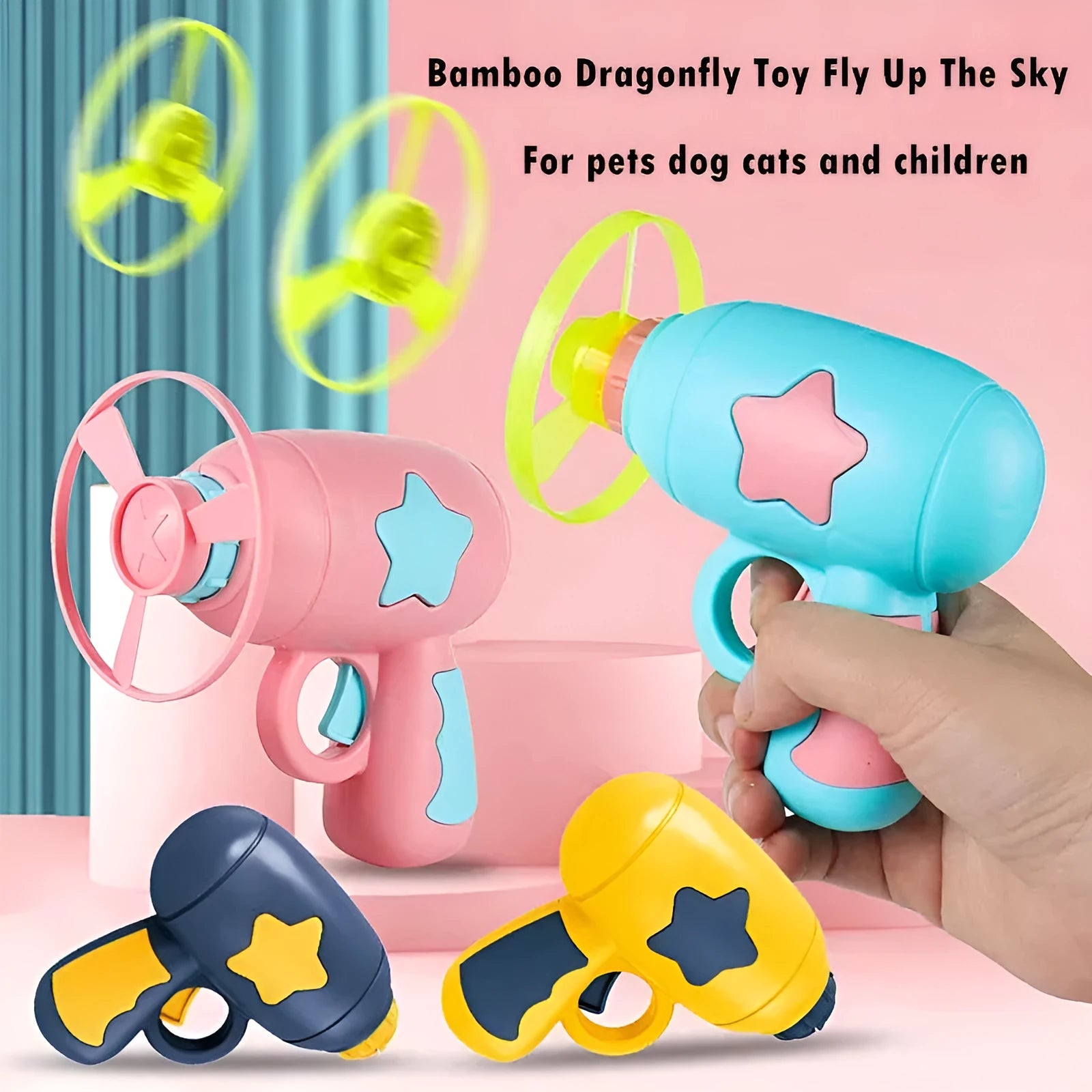 Blue flying saucer launcher gun and three LED flashing discs on a yellow background.