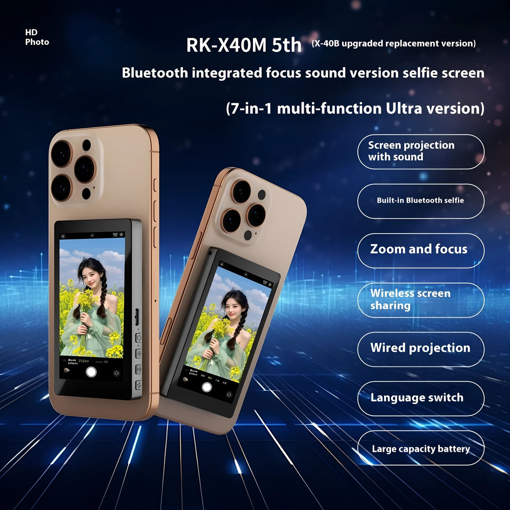 Black magnetic phone rear projector showing 103.48mm HD display screen with wireless connectivity ports