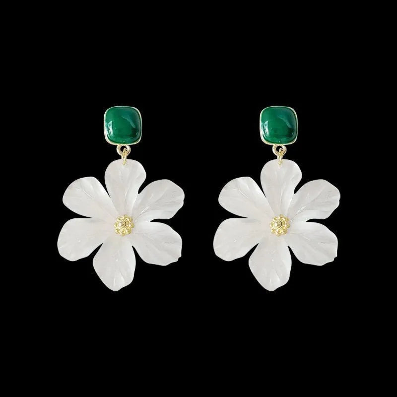Dark green sterling silver needle flowers sweet earrings for women
