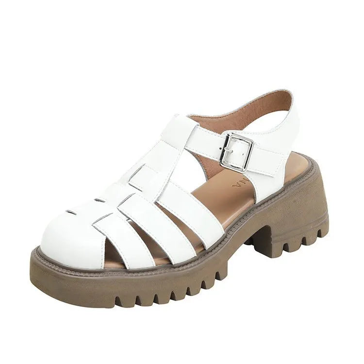 Women's beige retro platform sandals with chunky rubber sole and buckle closure.