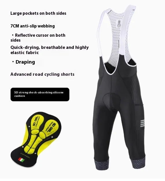 Black seven-inch cycling shorts with a shock-absorbing strap and double pockets, shown with an included cycling cushion.