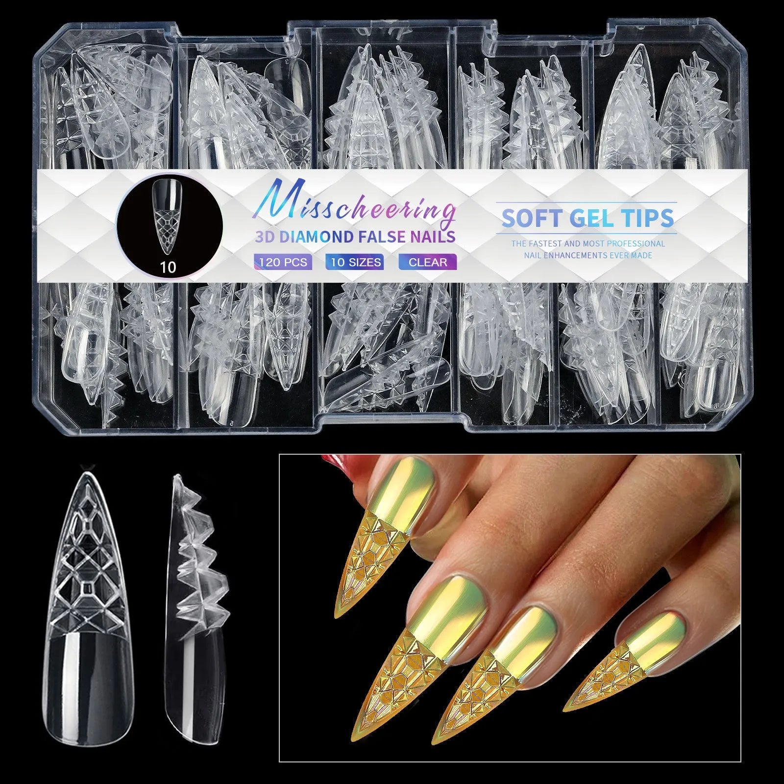 Box of long, shaped false nail tips with glittering diamond texture in various pink and white colours.