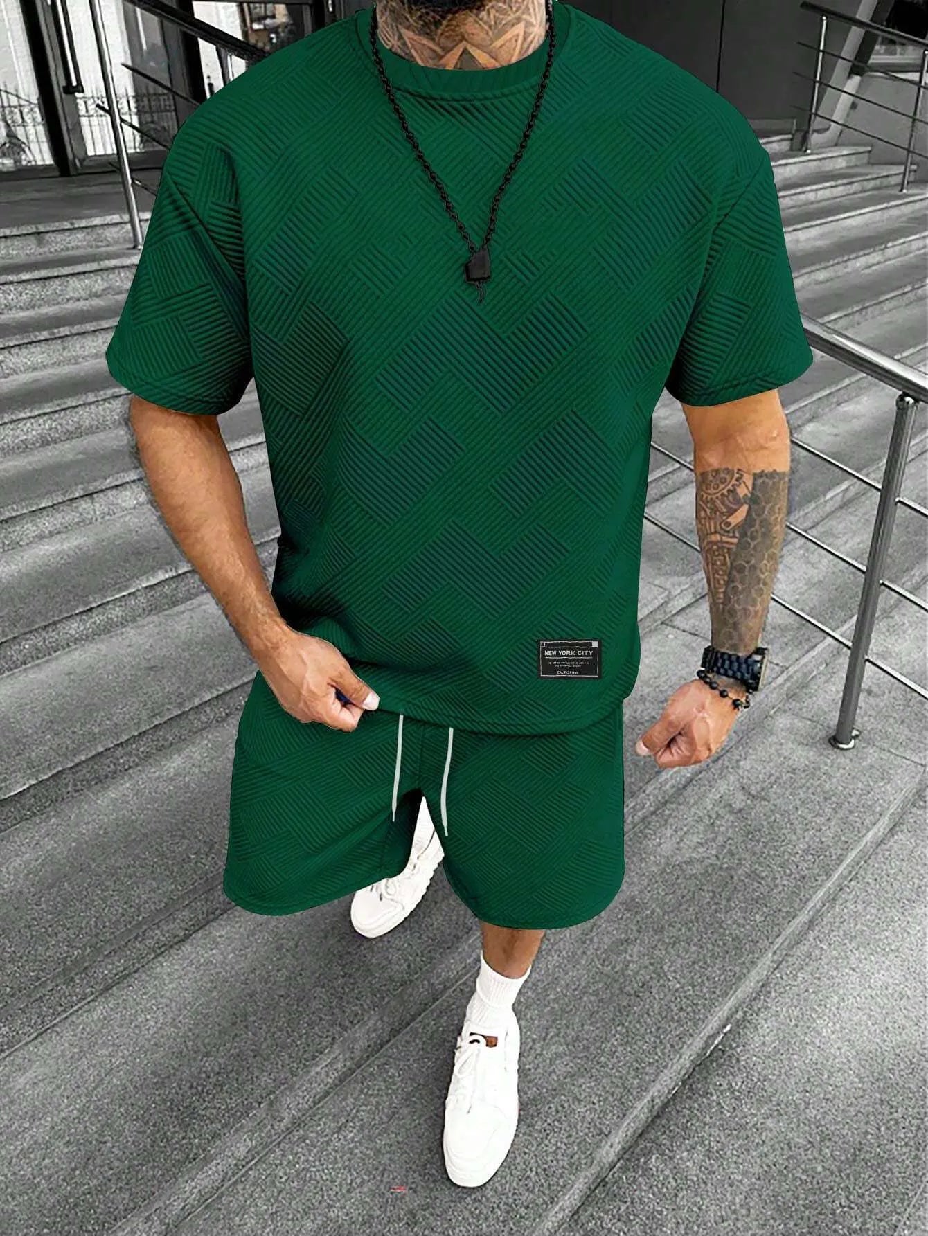 Men's two-piece shorts set with 3D printed design in chemical blend fabric