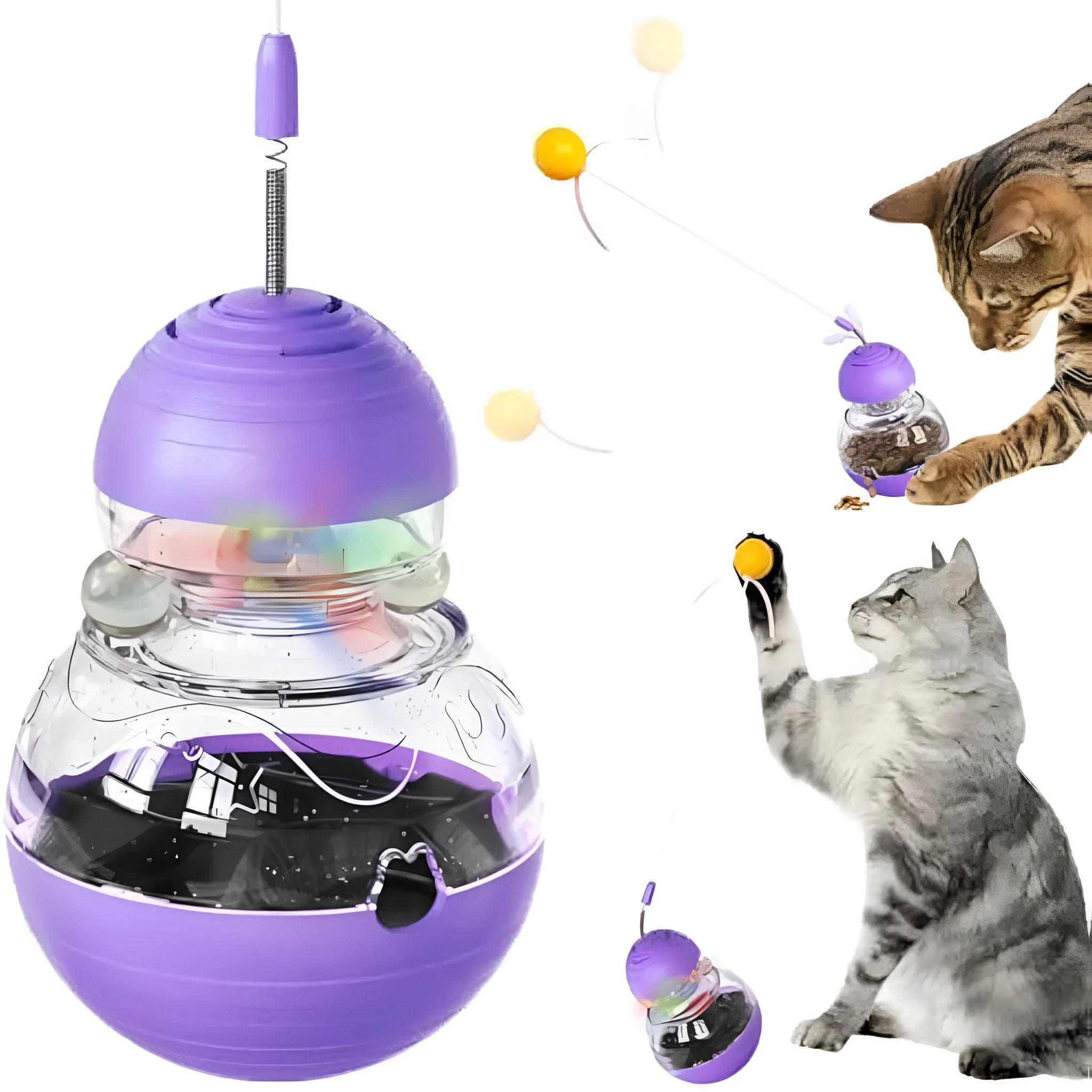 Green rope and electric yellow ball cat wand toy with slow feed dispenser on rocking base