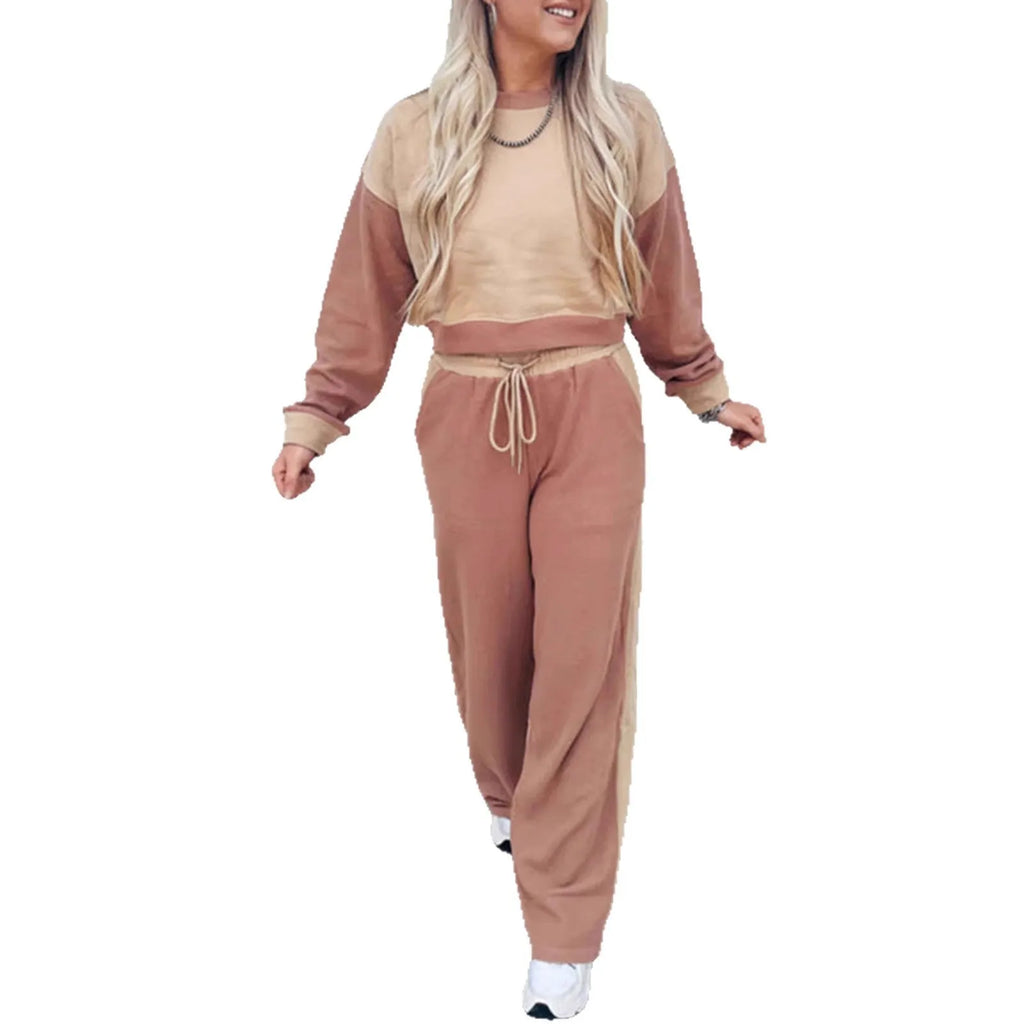 Women's camel cotton tracksuit set with matching top and trousers