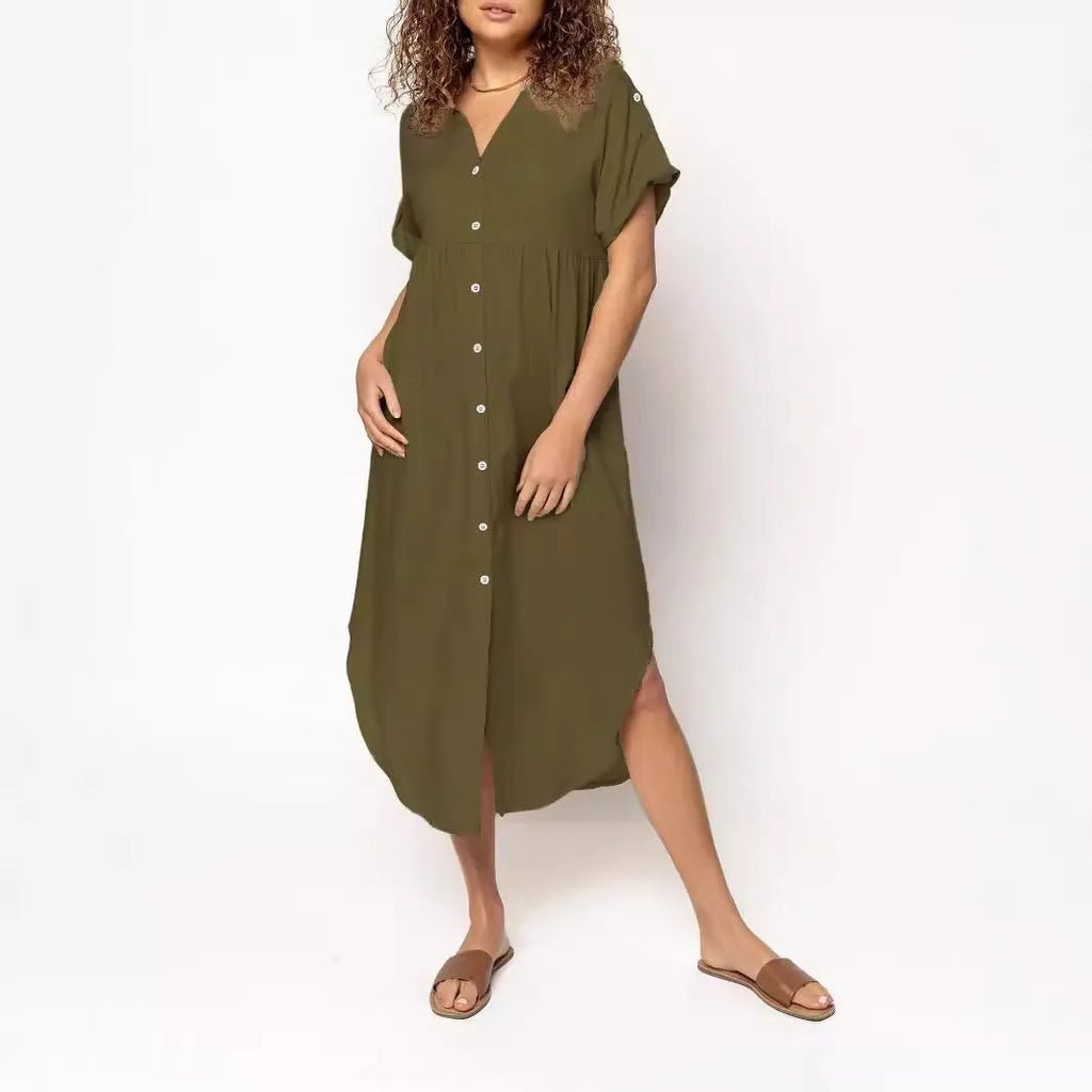 Mid-length casual dress with button front in solid colour, Japanese Korean style with regular sleeves
