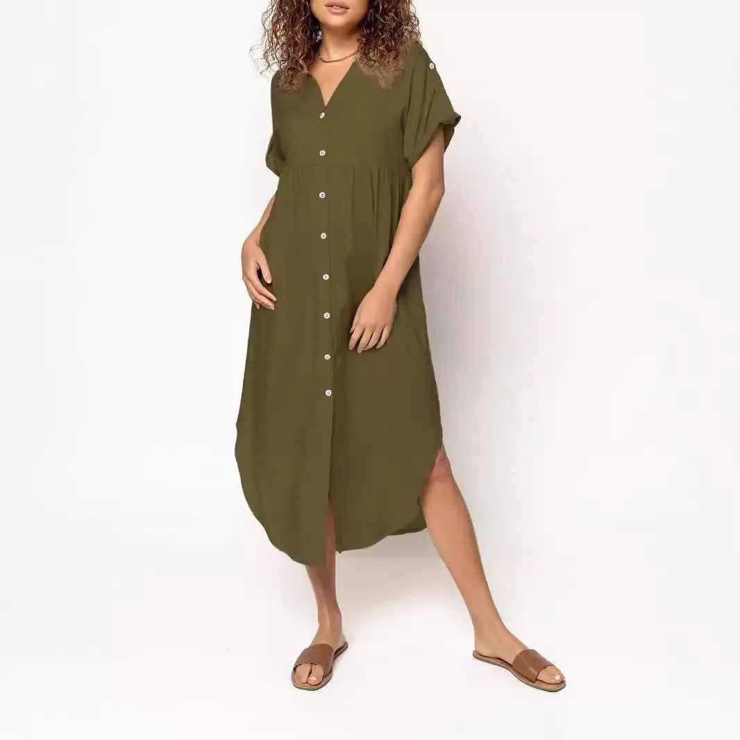 Mid-length casual dress with button front in solid colour, Japanese Korean style with regular sleeves