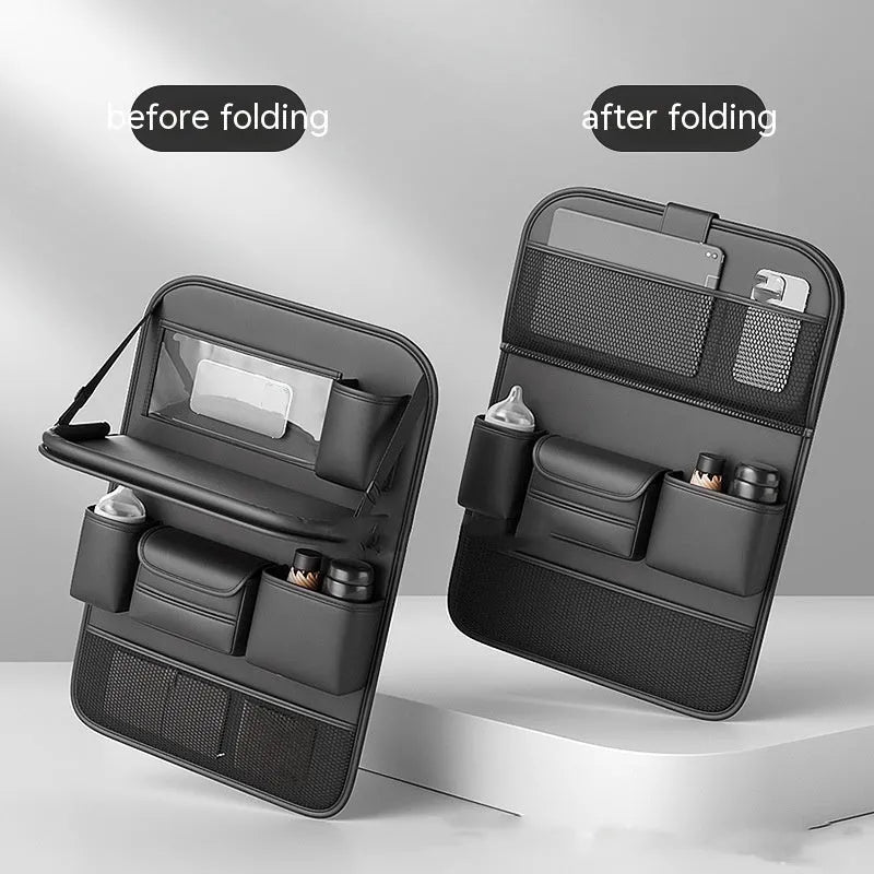 Leather car seat storage bag with carrying handle shown in black, hanging over a car seat.