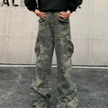 Camouflage K0915 coloured cargo pants with multiple pockets and a washed fabric texture