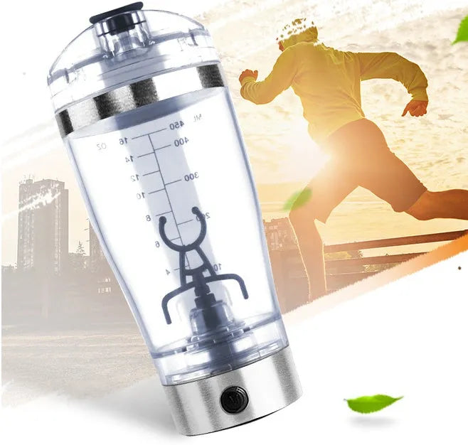 Electric protein shake stirrer with USB rechargeable base, 450ml clear cup, and 304 stainless steel bottleneck ring