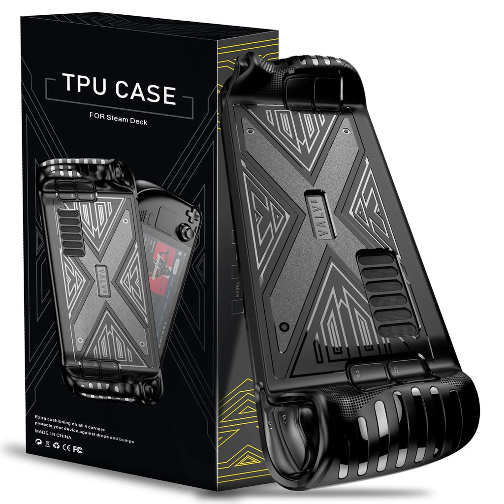 Steam Deck game console protective case in TPU material, showing black, blue and red colour options