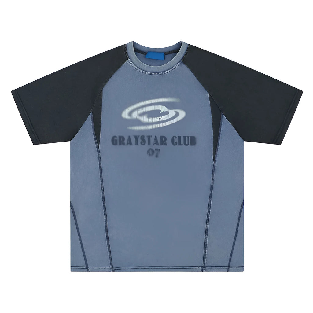 Men's blue hip hop t-shirt with white letter printing and raglan sleeves on hanger