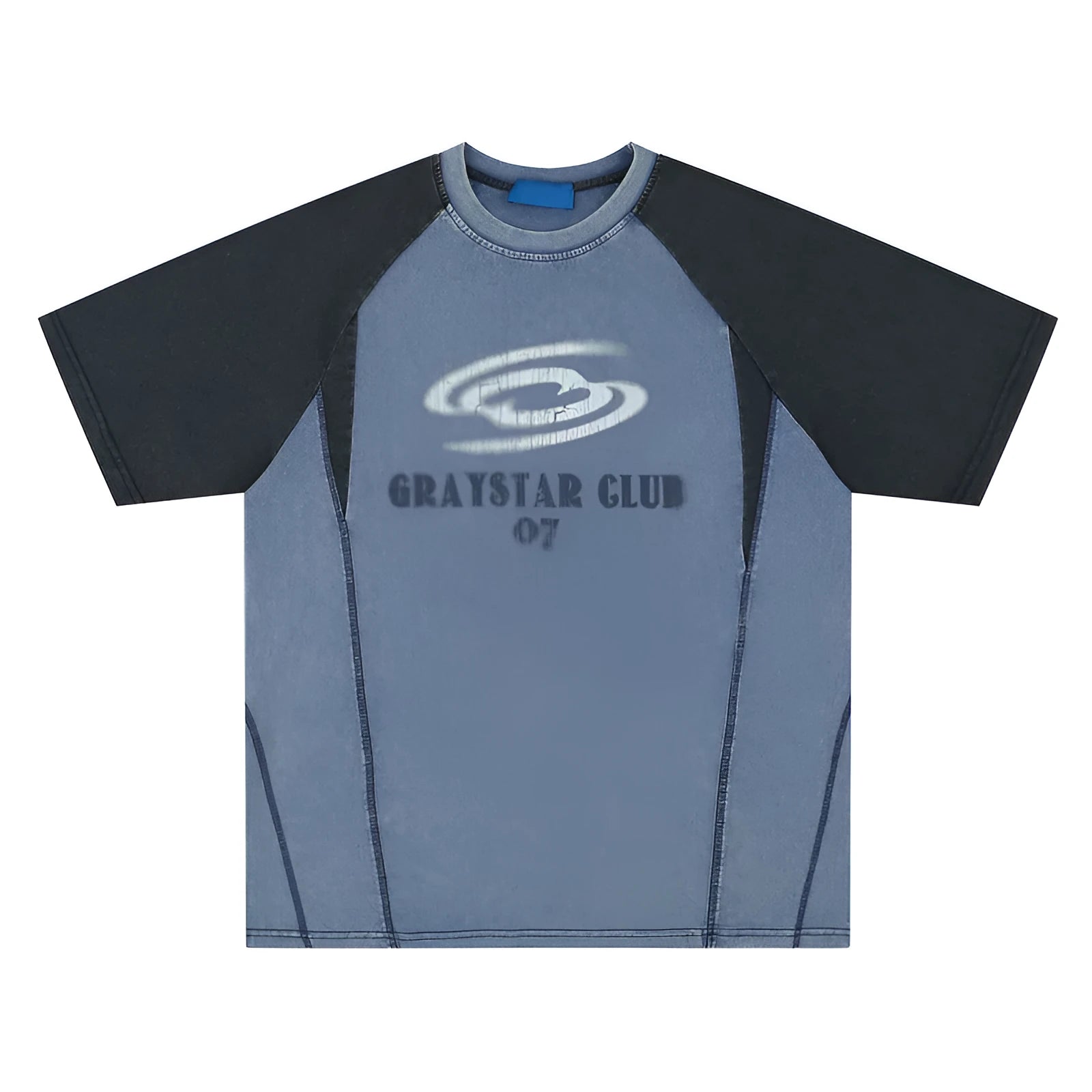 Men's blue hip hop t-shirt with white letter printing and raglan sleeves on hanger