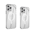 Transparent MagSafe compatible iPhone 13 protective case showing magnetic connectors and airbag anti-fall design
