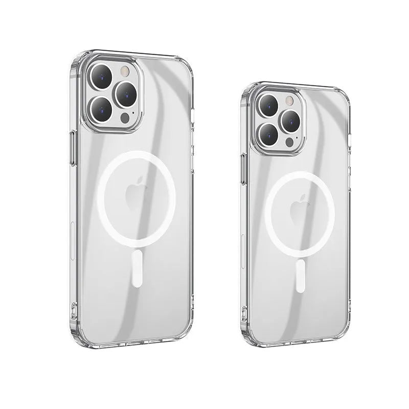 Transparent MagSafe compatible iPhone 13 protective case showing magnetic connectors and airbag anti-fall design