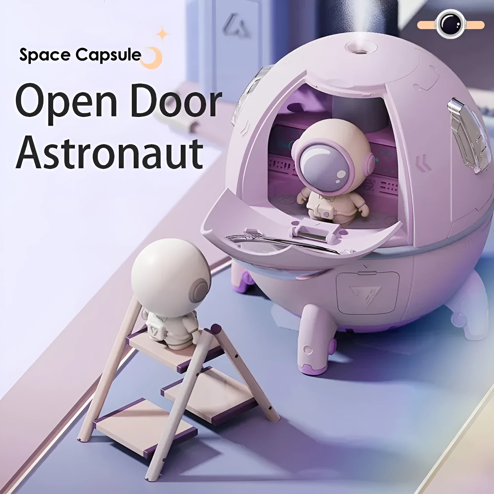 Light purple astronaut-shaped USB desktop humidifier with LED light on a desk