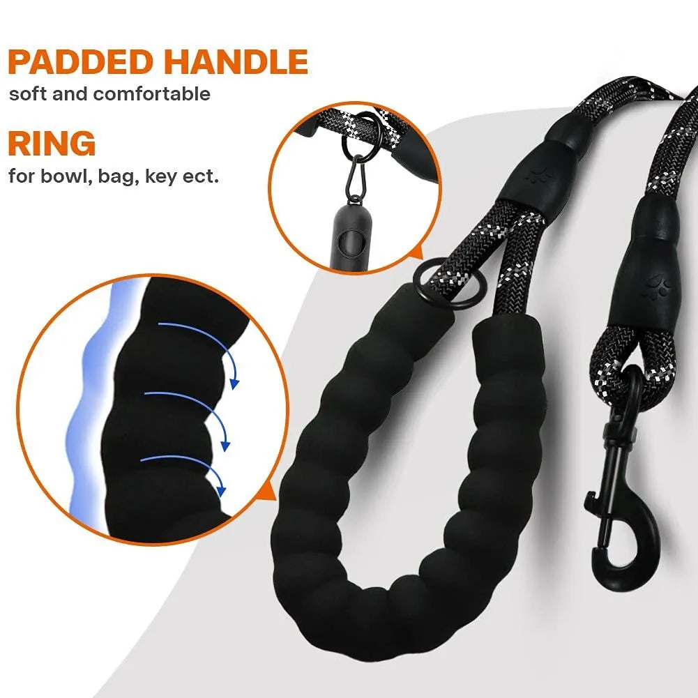 Black reflective dog leash with padded handle and adjustable waist rope for jogging