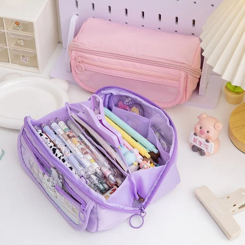Korean-style canvas pencil case with 10-layer flip design open to show multiple compartments