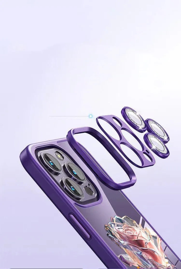 Dark purple TPU iPhone case with fairy rose pattern and integrated sparkling pink camera lens protector film