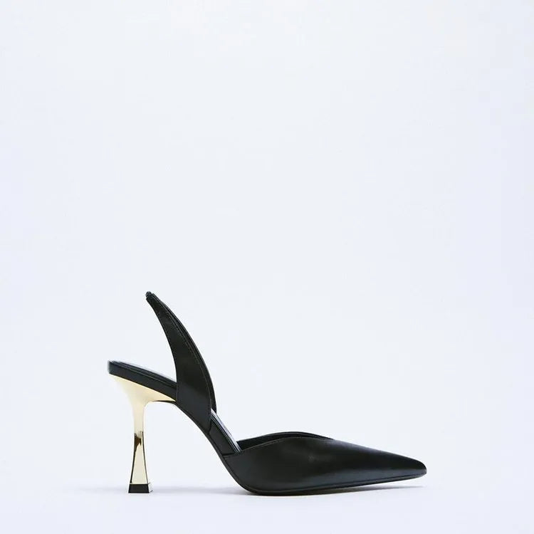 Women's glossy patent leather pointed toe high heels in black and apricot colours.