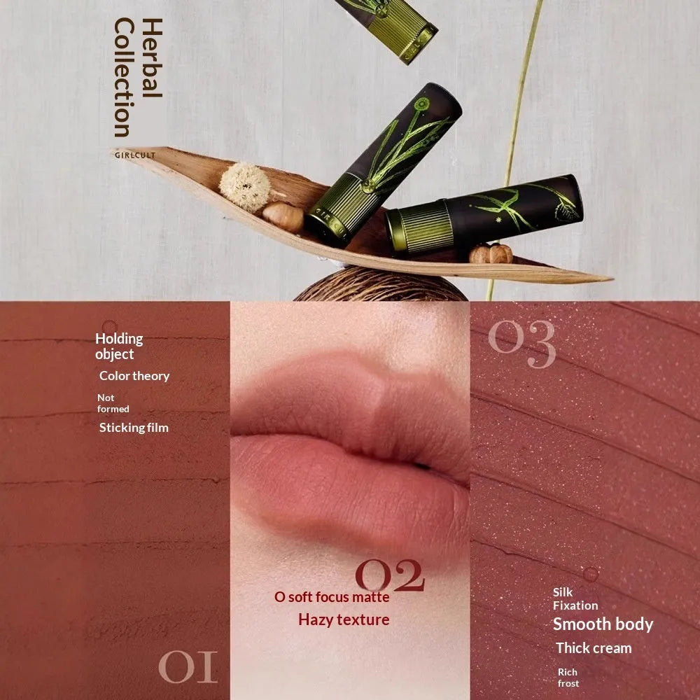 Matte brown lip mud in tube with applicator wand, low-saturation nude earth tone colour