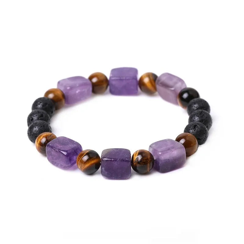 Square amethyst and volcanic stone geometric bracelet with handmade 8mm beads in five colour options
