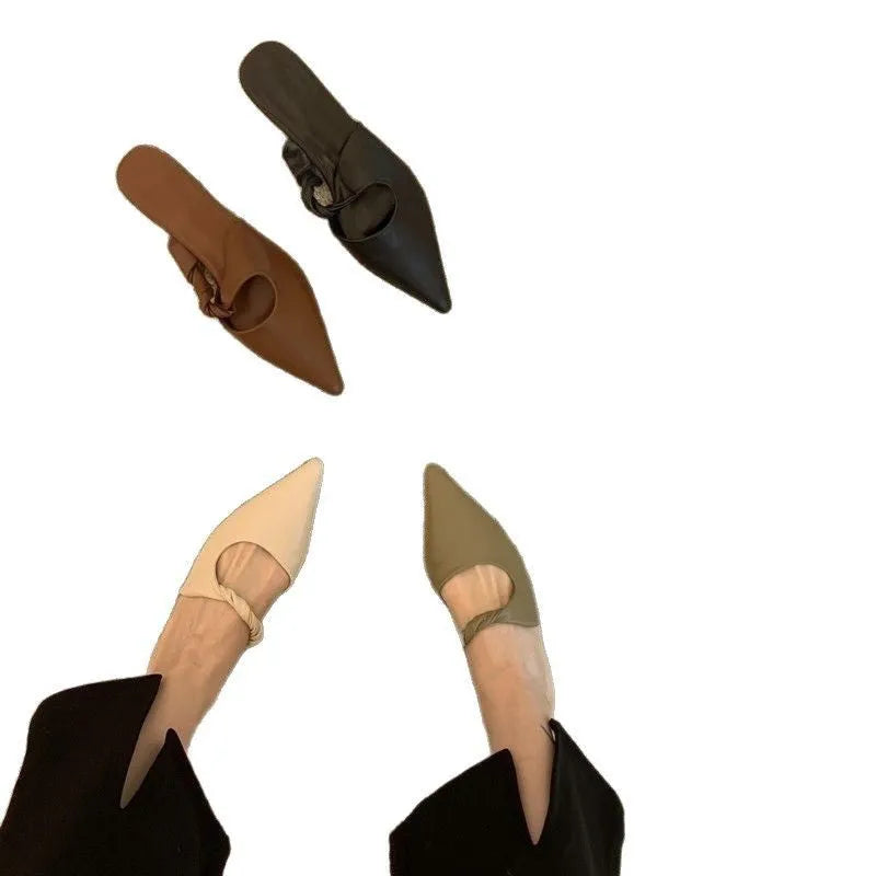 Women's soft leather semi-toe box slippers with spring design in multiple colour options