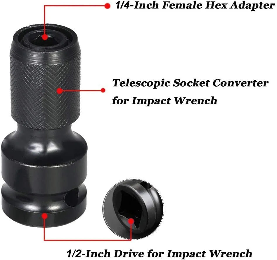 Scaling bit holder tool with telescopic sleeve and hexagonal handle for electric wrench socket drive conversion